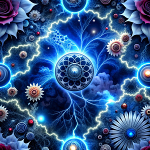 the pattern made of lightning, moon, gears, roses, high definition details