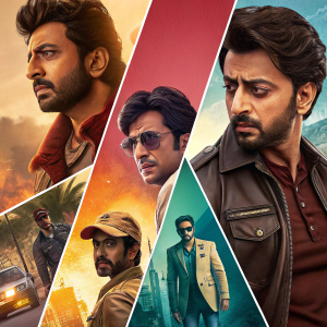 A dynamic collage featuring a range of Bollywood movie posters. Each poster presents a unique scene and mood, highlighting the main actors. The collage showcases a mix of vibrant colors and dynamic poses. Posters vary in size and style, with some displaying detailed layouts and others focusing on specific elements.