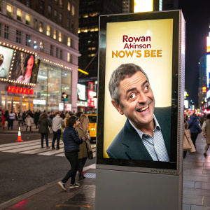 Rowan Atkinson featured in Times Square, New York. Promotional billboard for 'Now's Bee' on a bustling street corner.