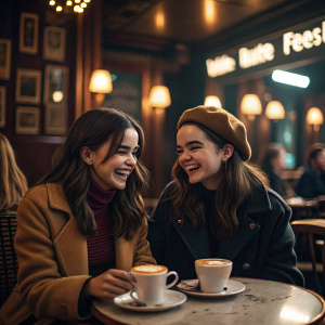 Hailee Steinfeld and Bailee Madison hanging out at a cozy cafe. The two friends are laughing and enjoying each other's company.