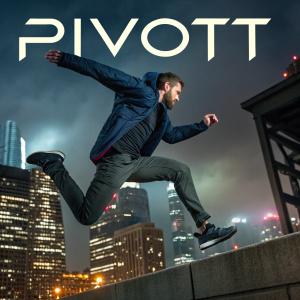 Podcast cover for 'Pivott'. Man in dynamic parkour pose. Background is dark, urban skyline. Bold, sleek font. Design highlights adventurous and intense theme.
