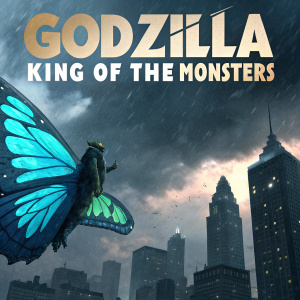 Official poster for 'Godzilla: King of the Monsters'. Giant butterfly-like monster with vibrant blue and green hues. Flying over a dark, stormy cityscape. Bold, modern font