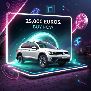 Anuncios: Volkswagen Tiguan SUV blanco en pantalla digital futurista. El SUV está en el centro, rodeado de luces neón y brillo digital. Oferta especial: 25,000 euros. ¡Compra ya!