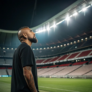 Arturo Vidal, midfield player, dressed in a casual black t-shirt. Standing in an empty stadium with floodlights on