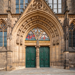 Detailed shot of the entrance to Magdeburg Cathedral. Ornate stone façade, pointed archway, stained glass, and intricate geometric patterns. Dark green wooden doors.