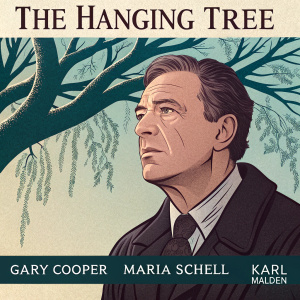Poster for 'The Hanging Tree'. Starring Gary Cooper, Maria Schell, Karl Malden. Limited color palette, intricate design.
