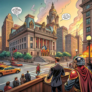 A vibrant comic panel depicting a bustling city street outside a grand, ornate building. Inside, a courtroom scene with characters engaged in a dramatic confrontation. Speech bubbles in Spanish.