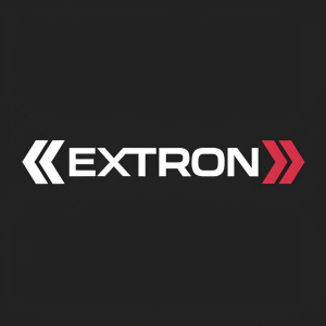 The Extron logo, featuring a minimalist design with the brand name 'Extron' in bold letters beside a clean, geometric shape. The sleek and modern aesthetic stands out against a solid black background. Digital illustration