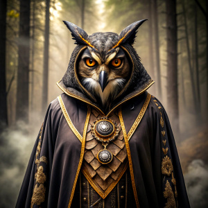Fantasy, anthropomorphic owl-necromancer wizard in a long black robe embroidered with golden runes, concept art character, hyperdeal