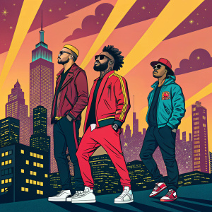 Major Lazer concert poster. Vibrant colors, urban cityscape background. Band members in eye-catching outfits.