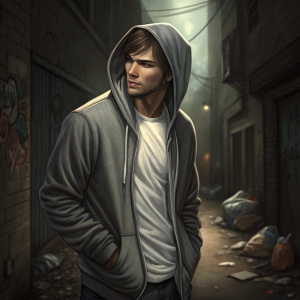 Ashton Kutcher in casual wear. Gray hoodie and white t-shirt. Dark alleyway background