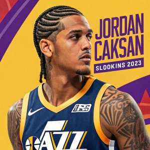 Jordan Clarkson, serious face, styled cornrows, wearing NBA jersey with Jazz logo. Event poster background