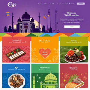 A vibrant website featuring an array of graphics and grid layout. In Bahasa Indonesia, it showcases Cadbury branding alongside themes like Indonesian cuisine, travel, and Valentine's Day, with a spectrum of colors.