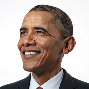 Digital 3D model of Barack Obama's headshot. Plain white background.