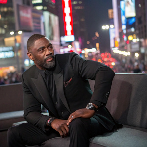 Idris Elba, seated on a couch, wearing a black suit, with a stylish watch. Attending a SiriusXM press conference in Times Square. Bright city lights in the background.