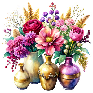 a WATERCOLOR IMAGE, VIEUX PARIS romantic decor hand paint floral Vases  , decorated with gold fine porcelain flowers .THERE ARE IN THE VASE : amaranth peonies , red WEEDS ,burgundy PEONIES,light orange Bougainvillea, purple dandelion ,plum geranium,Narcissus,mint crocusES ,mauve daffodil ,mustard roses ,amaranth Damarion s, ruspberry tulips , pink freesia , lavender, Common Crape Myrtle ,red Watsonia ,ruby tritoma. carmine Chandramallika, burgundy VIOLETS ,lila SISYMBRIUM,CREAM CHAMOMILE , terac