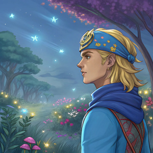 Digital art of Johnny Joestar, blonde hair, blue headpiece, vibrant colors, fantasy world background