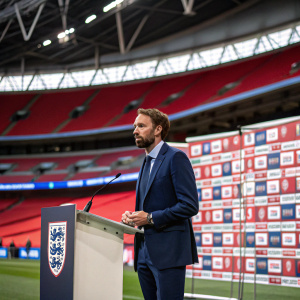 Gareth Southgate, England's football manager, dressed in a navy blue suit. Holding a press conference in a stadium. Background features sponsor banners and a podium.