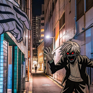 Tokyo Ghoul character, standing in a neon-lit alleyway. The character has grotesque and alien-like features, with intricate designs and dynamic pose. The scene is in grayscale with dramatic shadows and textures.