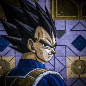 Pixel art rendition of Vegeta, determined expression. Limited color palette. Abstract background.