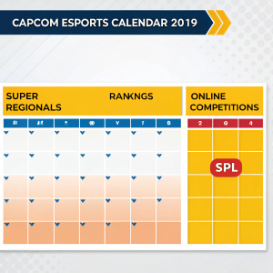 Capcom Esports Calendar 2019. Vibrant design showcasing tournament schedule with major events like Super Regionals, Rankings, Online Competitions, and SPL highlighted against a sleek, minimalist background.