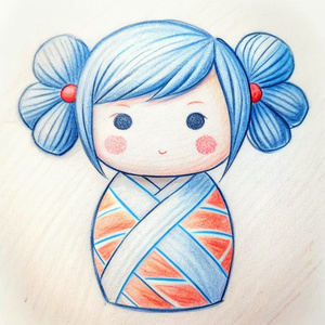 kokeshi doll with two messy pigtails