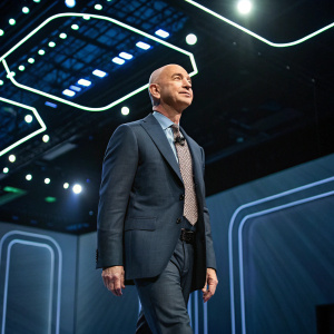 Jeff Bezos, CEO of Amazon, dressed in a dark grey suit with a patterned tie, stands alone on stage. Bright lights illuminate the futuristic conference room.