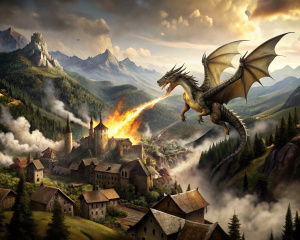 a dragon attacking a village  on valley with a fire from his mouth