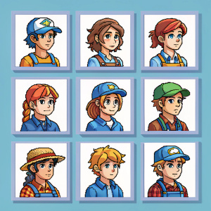 Pixel art gallery showcasing various characters from Stardew Valley. Arranged in a neat grid, the characters display a range of poses and expressions. Dominated by blue hues and consistent skin tones, the artwork is detailed and closely packed.