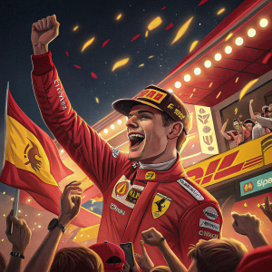 Max Verstappen celebrating his victory at the Spanish Grand Prix. Wearing a red suit and cap adorned with logos. Surrounded by enthusiastic fans and sponsors in a vibrant, brightly lit celebration area.