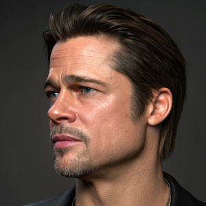 Digital 3D render of Brad Pitt's face. Close-up view highlighting his facial features, including his strong jawline, facial contours, and well-groomed appearance. Dark brown hair, mix of stubble with fuller growth around the jawline. Dark neutral grey background.