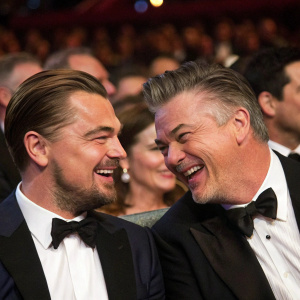 Leonardo DiCaprio and Alec Baldwin at the Sundance Film Festival. They share a laugh amidst a crowded venue.