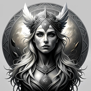 Freya - Nordic Goddess perfect realistic art, high-definition grey and black, white background tattoo design