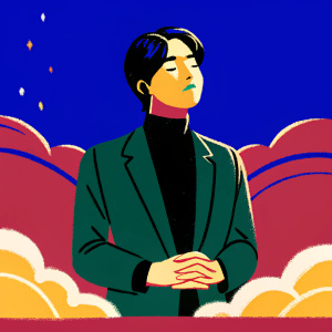 Korean actor Park Bo Gum, in a thoughtful pose, dressed in a black turtleneck and matching blazer. Against a vibrant, deep red background.