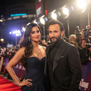Saif Ali Khan and Katrina Kaif, dressed in formal attire, attend a glamorous film premiere. Bright lights and fans surround them.