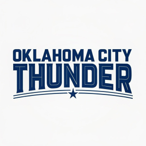 Modern logo design for the Oklahoma City Thunder featuring bold, sans-serif font in deep blue. The text is centered and takes up a significant portion of the logo, creating a powerful and impactful identity for the sports team.