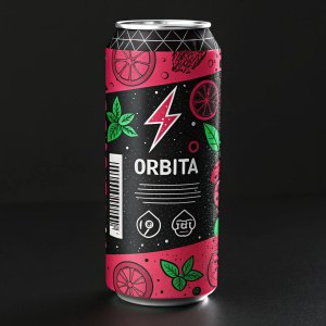 Creative packaging for a new energy drink. Bold colors and graphics. Orbita brand name prominently featured. Black background with vibrant pink, green accents. Includes text, barcode, and symbols.