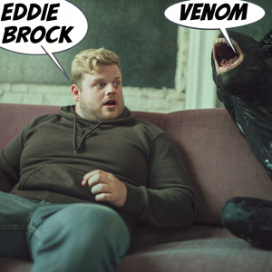 Eddie Brock, a burly white man with blonde locks, sits on a crimson sofa. Venom, a dark, threatening entity, partly engulfs him. The scene is set against a neutral backdrop, with the duo depicted in a comic strip format featuring vibrant speech bubbles.