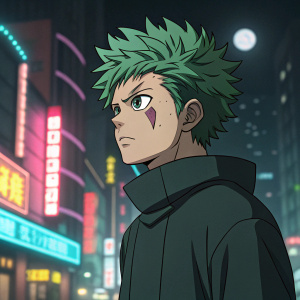 Maki Zenin from Jujutsu Kaisen, digital art of young male, intense expression, spiky green hair, eye bandaged. Neon cityscape background, night scene