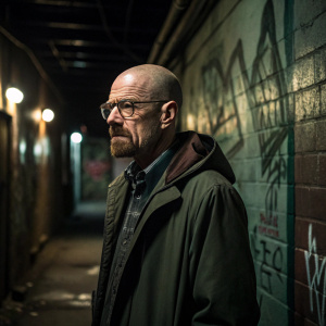 Walter White, sans beard, glasses, and bald, standing in a dimly lit alleyway with graffiti covered walls.