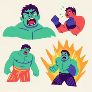 Detailed artwork showcasing the Hulk in various intense poses. Expressive facial features and highly detailed muscles.