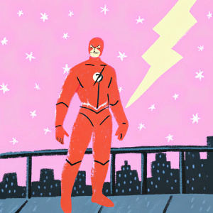 3D digital illustration of The Flash from Arrowverse. Standing on Gotham City rooftop, dramatic night sky background. Dynamic pose, red suit with gold lightning bolt emblem.