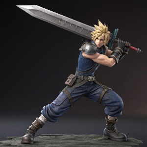 3D rendered model of Cloud Strife from Final Fantasy VII, dynamic fighting pose, intricate details of armor and sword, dark background.