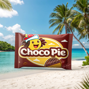 Creative branding campaign for Choco Pie. Modern, vibrant packaging design featuring cartoon mascot and logo. Tropical beach background.