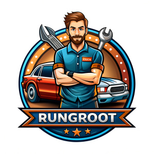 Logo of a man repairing a car, shop name Rungrot, mechanic