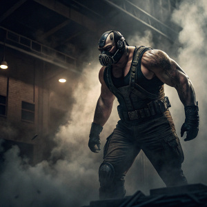 Bane, the formidable villain from 'The Dark Knight Rises', striking a powerful pose. Dark and gritty environment with smoke and fog. His muscular physique and masked face dominate the scene.