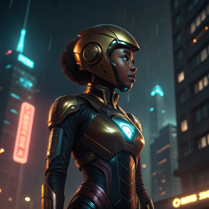 Digital art of Riri Williams as Ironheart. Dark, futuristic cityscape background. Neon lights in the distance. Golden helmet and metallic suit.