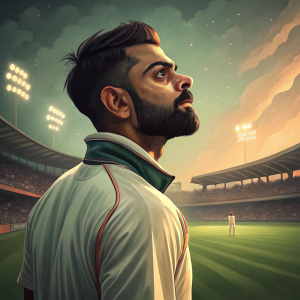Virat Kohli, Indian cricket star, standing alone in a cricket stadium. Intense focus. Green field and stadium lights in the background.