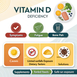 Infographic highlighting symptoms, causes, and solutions for Vitamin D deficiency.