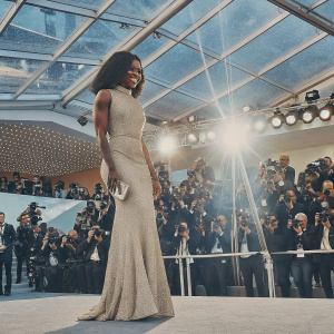 Angela Bassett at Cannes Film Festival, wearing a gold sequined dress. Crowds of photographers and fans in the background.